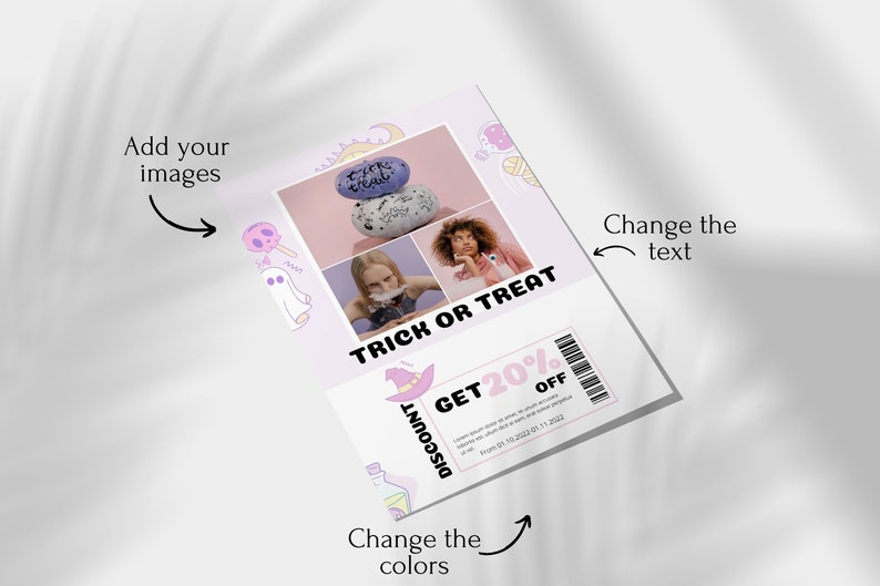 May include: A pink and purple Halloween themed printable coupon with a witch hat, a ghost, a skull, and a potion bottle. The coupon says "Trick or Treat" and "Get 20% Off".