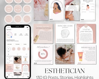 Esthetician Social Media Templates: Skincare Posts, Stories, Highlights (Digital Download)