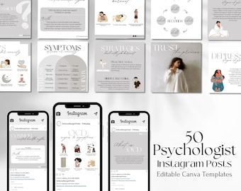 50 Psychologist Instagram Post Templates | Mental Health Post Templates | Therapist Instagram Posts