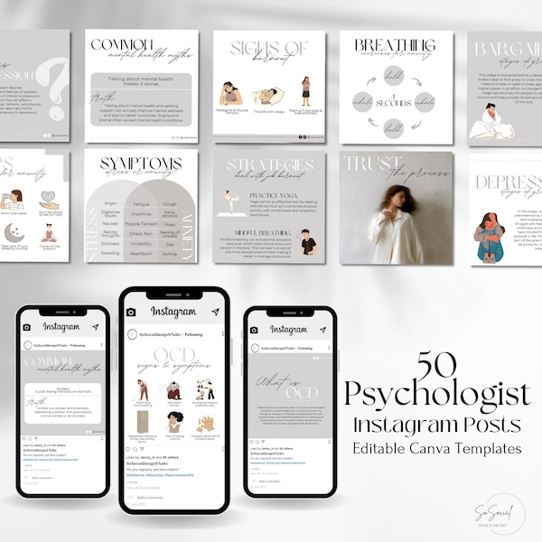 50 Psycholoog Instagram-postsjablonen | Postsjablonen voor geestelijke gezondheid | Instagram-berichten van therapeuten