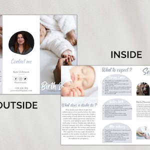 May include: A tri-fold brochure with a gray and white color scheme. The front cover features a photo of two hands holding each other. The inside of the brochure has information about birth doulas, including services offered, what to expect during labor, and contact information. The text on the brochure reads "Birth Doula - Everything you need to know".