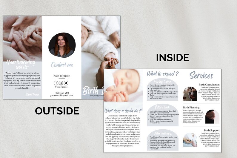 May include: A tri-fold brochure with a gray and white color scheme. The front cover features a photo of two hands holding each other. The inside of the brochure has information about birth doulas, including services offered, what to expect during labor, and contact information. The text on the brochure reads "Birth Doula - Everything you need to know".