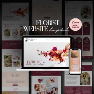 Puede incluir: Un portátil y un smartphone que muestran una plantilla de sitio web de floristería. El sitio web presenta un arreglo floral y el texto "EVERY PETAL tells a story". El diseño incluye una plantilla editable de Canva y una combinación de colores burdeos y blanco.