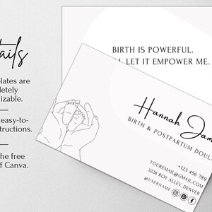 Puede incluir: Tarjeta de visita en blanco y negro con el texto "Hannah James Birth & Postpartum Doula" e informaci&oacute;n de contacto. La tarjeta tambi&eacute;n presenta una silueta de una mujer embarazada y un dibujo a l&iacute;nea de manos sosteniendo un par de pies de beb&eacute;.