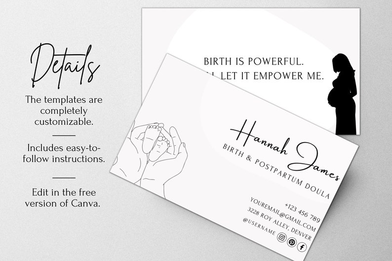 Puede incluir: Tarjeta de visita en blanco y negro con el texto "Hannah James Birth & Postpartum Doula" e informaci&oacute;n de contacto. La tarjeta tambi&eacute;n presenta una silueta de una mujer embarazada y un dibujo a l&iacute;nea de manos sosteniendo un par de pies de beb&eacute;.
