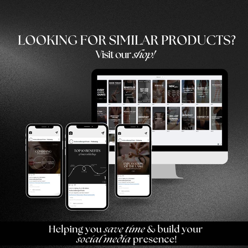May include: A computer screen displaying a grid of social media post templates for a beauty salon. The templates feature text overlays such as "Book Today", "Benefits of", "Buy One Get One", "New", "Monthly", "20% Off Summer", "Monthly", and "Contact Us". Three mobile phone screens are shown below the computer screen, each displaying a different social media post template. The templates feature text overlays such as "Combining", "Top 10 Benefits", and "Explanation of the Lash".