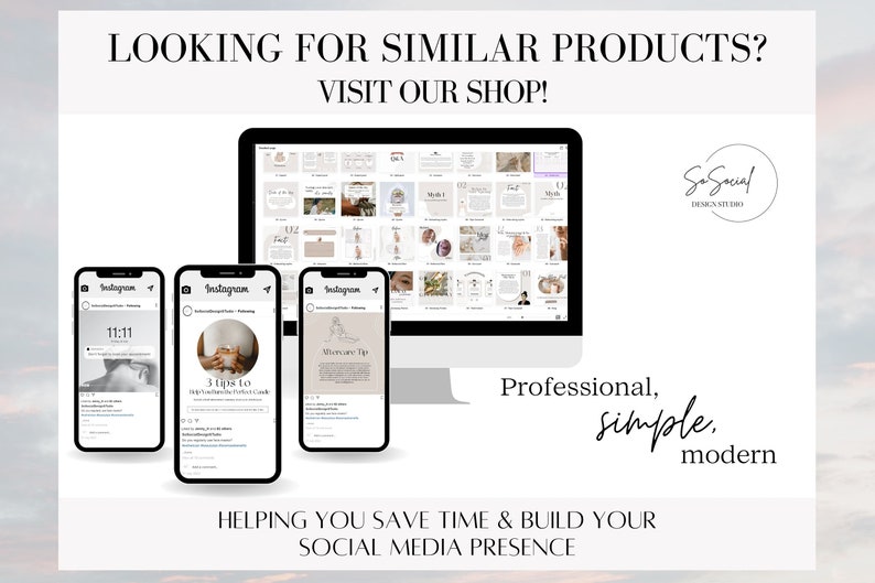May include: A computer screen displaying a variety of social media templates for Instagram. The templates are in a minimalist style with a neutral color palette. The text on the screen reads "So Social Design Studio".