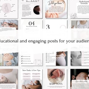 May include: A collage of images related to pregnancy, babies, and parenting. The images include a pregnant woman, a baby's hand, a baby's foot, and a baby toy. The text in the images includes "Did you know?", "Hydrolyzed Formula", "Soy-based formula", "New Dads: A Few Tips", "Baby Toys", and "Fact or Myth".