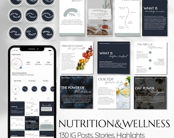Può includere: Una collezione di 130 post, storie e punti salienti di Instagram incentrati su nutrizione e benessere. Le immagini presentano una varietà di argomenti, tra cui cibi ricchi di fibre, idratazione, rituali mattutini e il potere dei mirtilli. Il testo "NUTRITION & WELLNESS 130 post, storie, punti salienti di Instagram" è visualizzato nella parte inferiore dell'immagine.