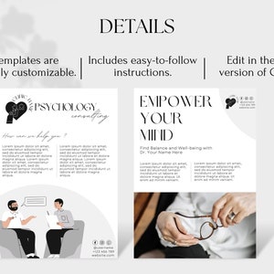 K&ouml;nnte beinhalten: Zwei Schwarzwei&szlig;illustrationen von Personen, die auf St&uuml;hlen sitzen und miteinander sprechen. Der Text "Clinic Name Psychology Consulting" befindet sich oben im Bild. Der Text "How can we help you?" befindet sich unter dem Logo. Der Text "Find Balance and Well-being with Dr. Your Name Here" befindet sich oben im Bild. Der Text "EMPOWER YOUR MIND" befindet sich &uuml;ber dem Text "Find Balance and Well-being with Dr. Your Name Here".