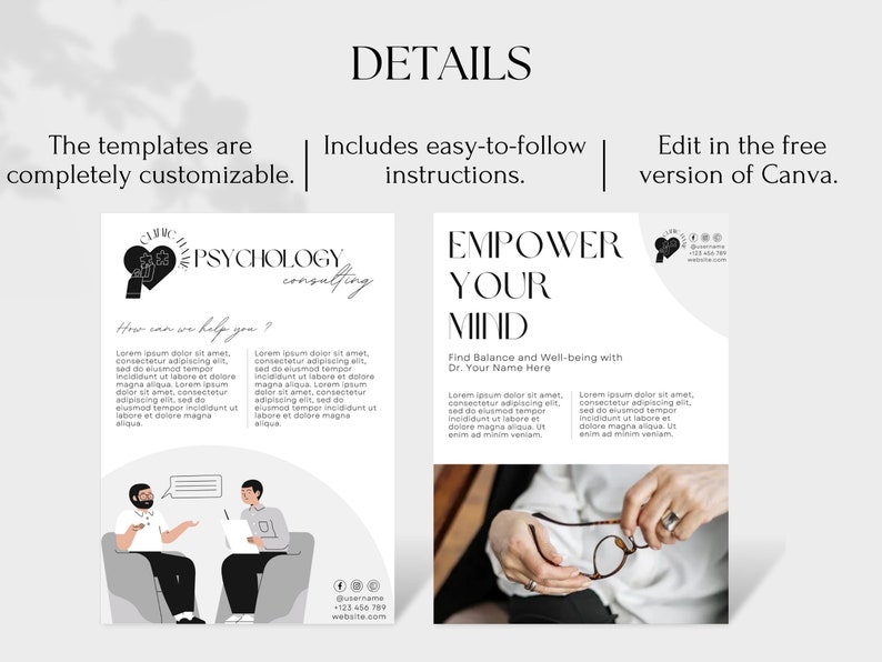 K&ouml;nnte beinhalten: Zwei Schwarzwei&szlig;illustrationen von Personen, die auf St&uuml;hlen sitzen und miteinander sprechen. Der Text "Clinic Name Psychology Consulting" befindet sich oben im Bild. Der Text "How can we help you?" befindet sich unter dem Logo. Der Text "Find Balance and Well-being with Dr. Your Name Here" befindet sich oben im Bild. Der Text "EMPOWER YOUR MIND" befindet sich &uuml;ber dem Text "Find Balance and Well-being with Dr. Your Name Here".