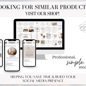 May include: A computer screen displaying a variety of social media templates for Instagram. The templates are in a minimalist style with a neutral color palette. The text on the screen reads "So Social Design Studio".
