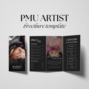 以下が含まれることがあります： PMUアーティストのパンフレットテンプレート。白黒のデザインで、「PMU ARTIST brochure template」、「PRICE list」、「FLAWLESS beauty awaits」、「CHOOSE your package」のテキストが含まれています。アーティストの作品の写真も含まれています。