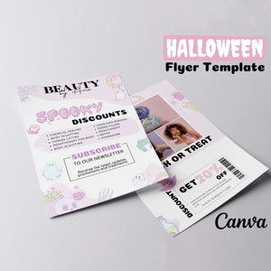 May include: A pink and purple Halloween-themed flyer for a beauty salon. The flyer features a ghost, a witch's hat, and a potion bottle. The text on the flyer reads "Spooky Discounts" and "Get 20% Off".