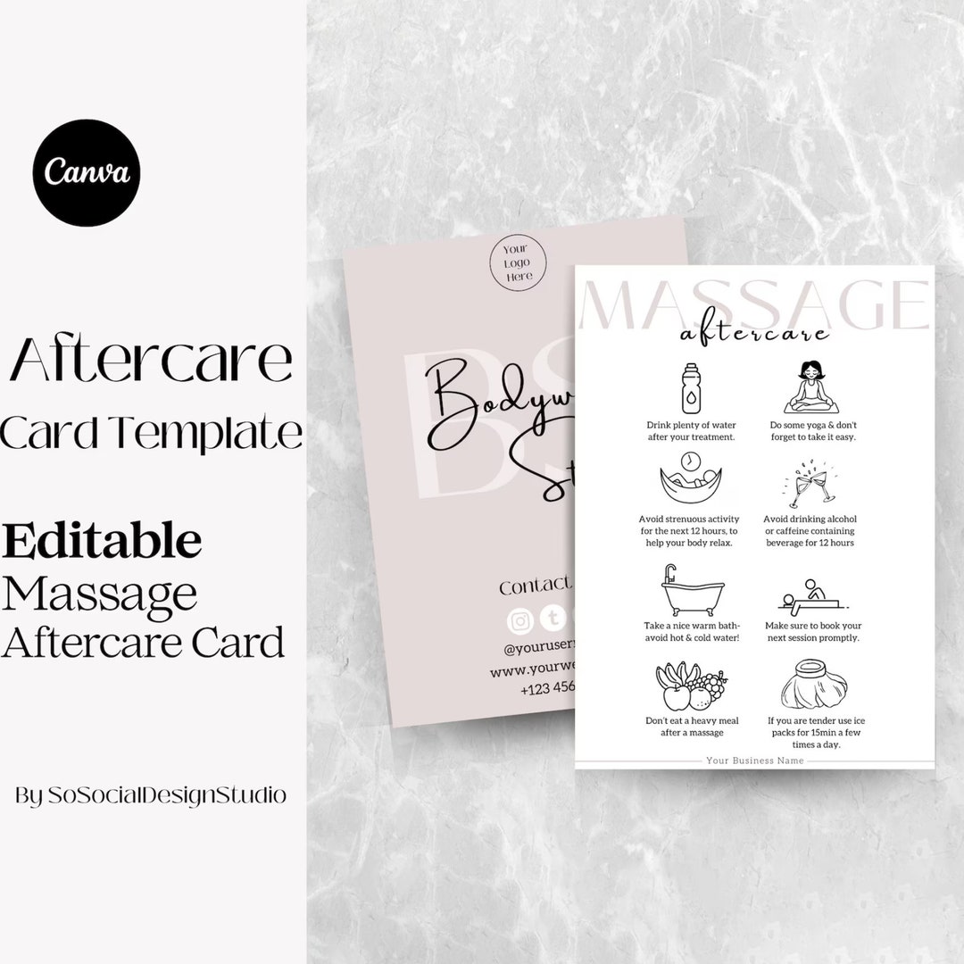 Massage Aftercare Card Template Editable Massage After Care Guide Post