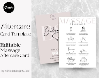 May include: A pink and white card with the text "Massage Aftercare" in black. The card includes illustrations of a water bottle, a person doing yoga, a bathtub, a person sitting, a plate of fruit, and an ice pack. The card also includes the text "Drink plenty of water after your treatment", "Do some yoga & don't forget to take it easy", "Avoid strenuous activity for the next 12 hours, to help your body relax", "Avoid drinking alcohol or caffeine containing beverage for 12 hours", "Take a nice warm bath - avoid hot & cold water!", "Don't eat a heavy meal after a massage", "Make sure to book your next session promptly.", and "If you are tender use ice packs for 15min a few times a day."