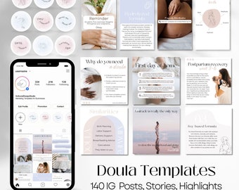 Doula Instagram Template Bundle: Social Media Posts, Stories, Highlights (Digital Download)