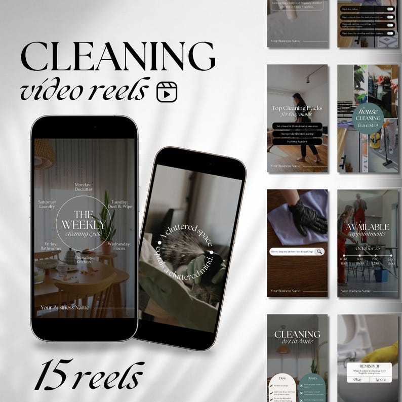 May include: A collage of 10 phone screen mockups showing cleaning tips and services. The text on the screens includes "The Weekly Cleaning Cycle", "Top Cleaning Hacks", "House Cleaning from $140", "Available Appointments", "Cleaning Do's & Don'ts", and "Reminder".