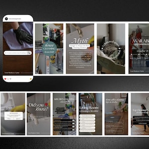May include: A collage of Instagram story graphics for a house cleaning service. The graphics feature text such as "House Cleaning from $149", "Myth: Vinegar is Always the Best Cleaning Solution", "Did you know?", "Kitchen Cleaning Checklist", "Living Room Cleaning Checklist", "Home Office Cleaning Tips & Tricks", and "Top Cleaning Habits for Every Month".