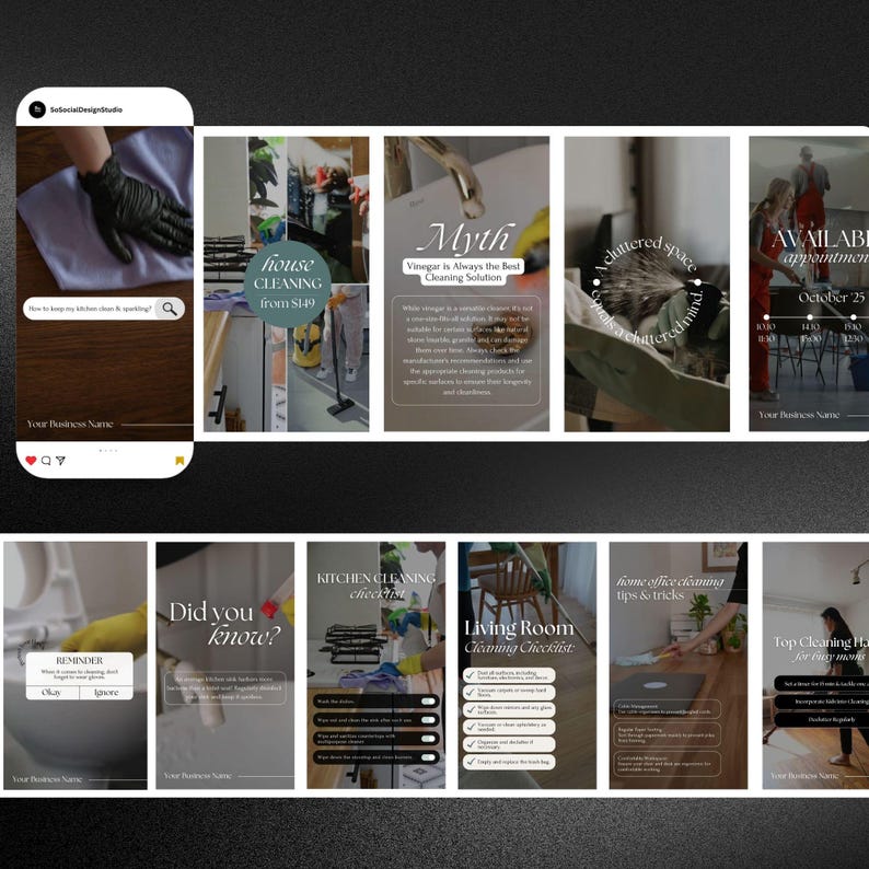 May include: A collage of Instagram story graphics for a house cleaning service. The graphics feature text such as "House Cleaning from $149", "Myth: Vinegar is Always the Best Cleaning Solution", "Did you know?", "Kitchen Cleaning Checklist", "Living Room Cleaning Checklist", "Home Office Cleaning Tips & Tricks", and "Top Cleaning Habits for Every Month".