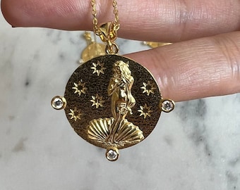 Gold Goddess Venus Necklace, Goddess Pendant with Zircon Stones, Venus Medallion, Birth of Venus, Feminine Energy Jewelry, Sandro Botticelli