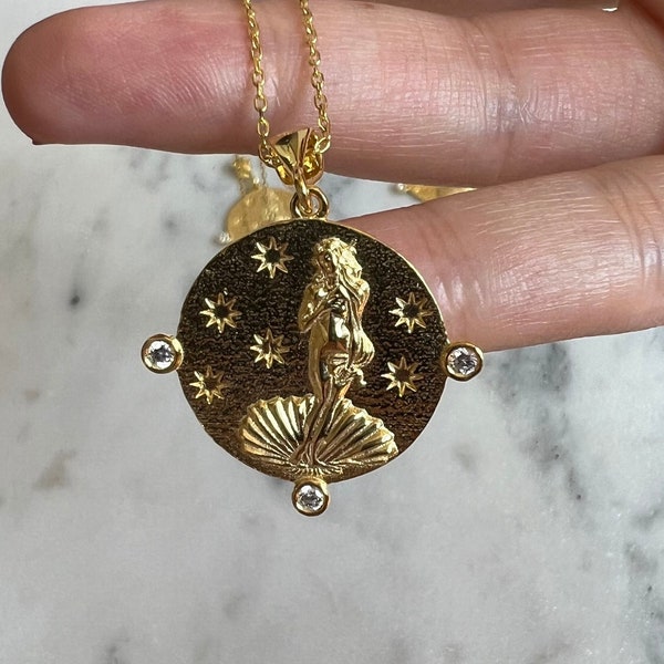 Gold Goddess Venus Necklace, Goddess Pendant with Zircon Stones, Venus Medallion, Birth of Venus, Feminine Energy Jewelry, Sandro Botticelli