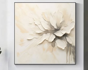 3D Large White Flower Oil Painting On Canvas Abstract Blooming Flower Art White 3D Floral Painting Gift For Her Living Room Decor