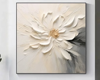 Large White Flower Texture Art White Textured Wall Art Flower Wall Decor for Home White Abstract Textured Painting Palette Knife Painting