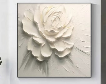 3D White Flower Texture Painting Creamy Flower Abstract Wall Art Flower Painting Heavy Textured Flower Art Modern Floral Wall Art Decor