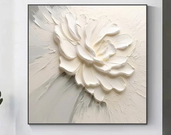 3D White Flower Painting on Canvas Abstract Floral Art Creamy Textured Wall Art Flower Painting Heavy Texture White Art Floral Painting