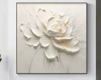 3D Floral Oil Painting On Canvas: White Flower Textured Art