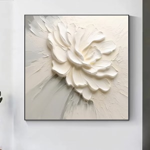 3D White Flower Painting on Canvas Abstract Floral Art Creamy Textured Wall Art Flower Painting Heavy Texture White Art Floral Painting