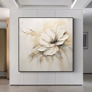 Original Beige Floral Oil Painting On Canvas Customed White 3D Floral Painting Heavy Textured Flower Art Floral Wall Decor Personalized Gift