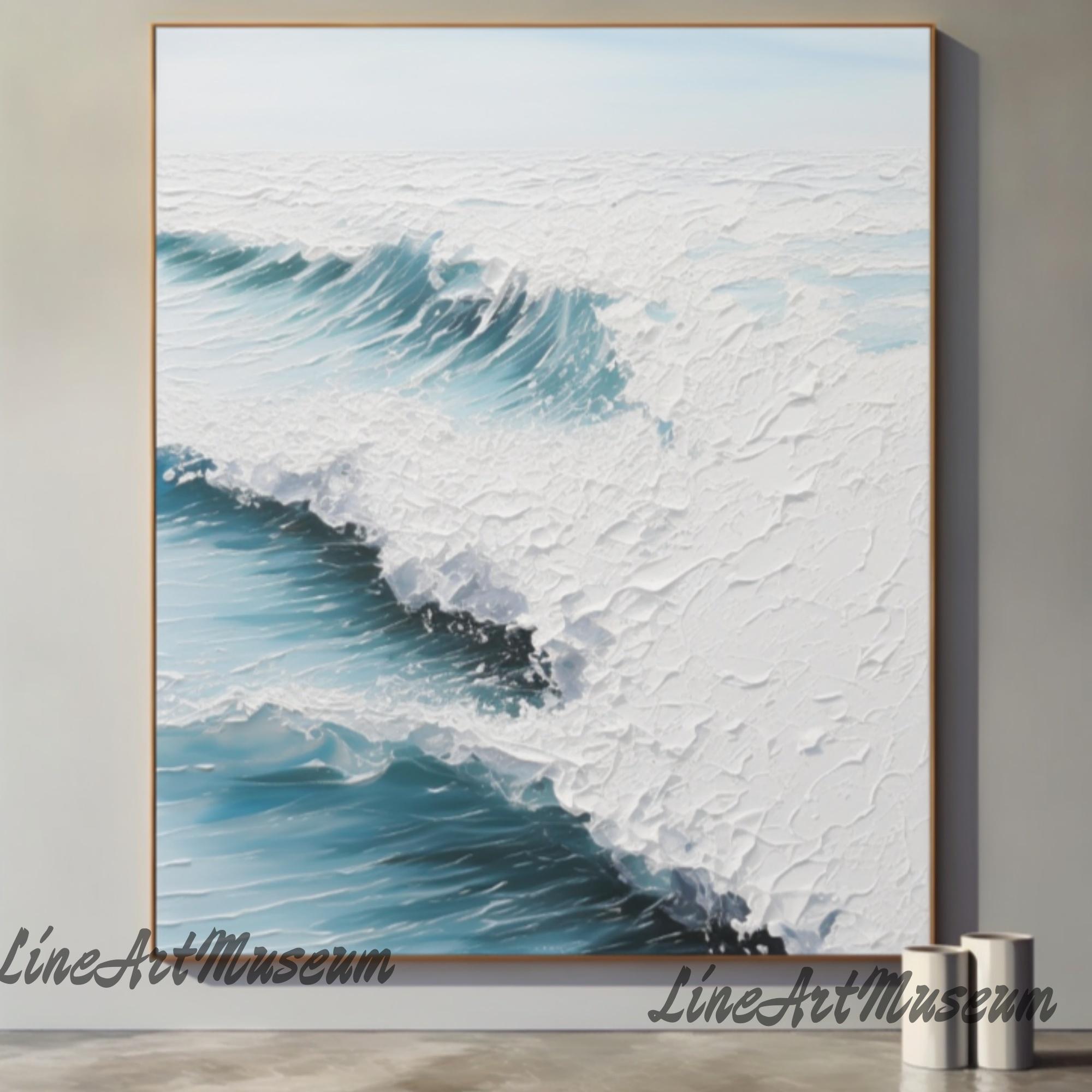 抽象的な海の風景絵画 手作りの青い海の風景抽象的な白い波の絵画、大きな海の