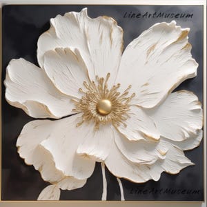 White Blooming Flower Oil Painting On Canvas,Large 3D Black Flower Texture Painting,Original Gold Floral Painting,Flower Acrylic Painting