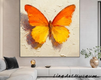 Oranje textuur vlinder olieverfschilderij abstracte vlinder schilderij vlinder kunst minimalistische muur kunst getextureerde muur kunst woonkamer muur decor