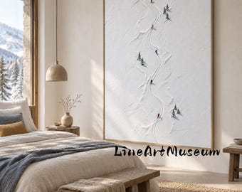 Modern Palette‑Knife Mountain Skiing Art, Thick Textured Slender Snow Ski‑Run Canvas Vertical Impasto Skiers Canvas Art