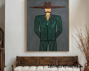 Large Vintage Western Cowboy Portrait Canvas, Surreal Abstract Oil Painting, Minimalist Lounge Art