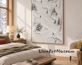 Vertical Impasto Skiers Canvas Art, Palette Knife Textured Snowy Forest Winter Painting