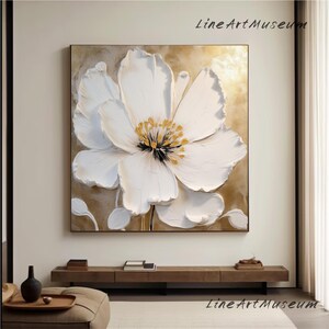 Textured White Flower Painting: Large Abstract Gold Floral Canvas Art