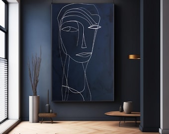 Pintura abstracta de rostro texturizado en blanco y negro, lienzo grande