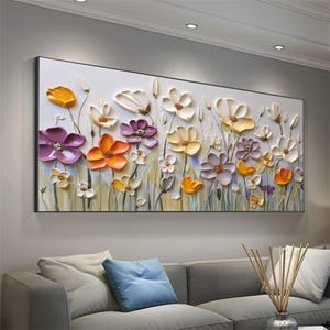 Large 3D Textured Floral Wall Art,Floral Abstract Wall Art Hand Painted Modern Art Wall Decor,Colorful Flower Texture Oil Painting On Canvas