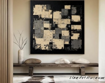 Beige Abstract Painting, Black Minimalist Textured Canvas Art