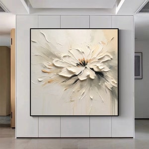 Zwaar getextureerd minimalistisch schilderij Beige bloemolieverfschilderij Witte bloem schilderij 3D witte bloem schilderij, wit getextureerd bloemenschilderij