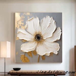 Original Goldfolie Ölgemälde Auf Leinwand Strukturierte Wandkunst Abstrakte Weiße Blumenmalerei Große Wandkunst Abstrakte benutzerdefinierte Wanddekor