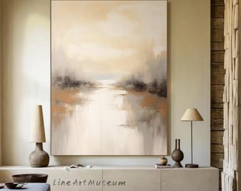 May include: Large abstract landscape painting with a neutral color palette. The artwork features a river or lake scene with muted tones of beige, gray, and brown. The text "Line Art Museum" is visible at the bottom.