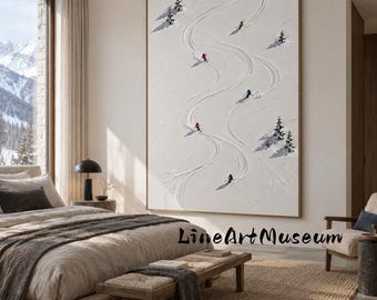 Modern Palette‑Knife Ski Resort Painting, Thick‑Texture Mountain Snow Ski Trail Canvas
