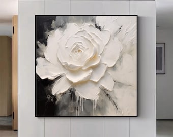 Pintura floral blanca texturizada: arte floral acrílico negro y beige