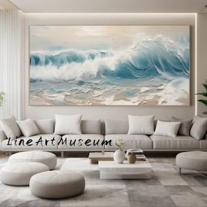 Large Abstract Seascape Oil Painting: 3D Textured Ocean Waves Canvas Art