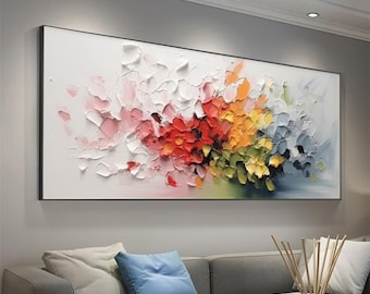 Large 3D Floral Painting On Canvas: Colorful Textured Abstract Wall Art